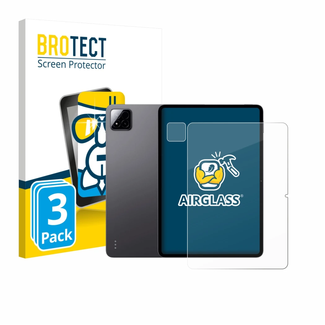 Parte frontale di una confezione del prodotto con il logo del marchio BROTECT. Accanto è raffigurato il dispositivo Xiaomi Pad