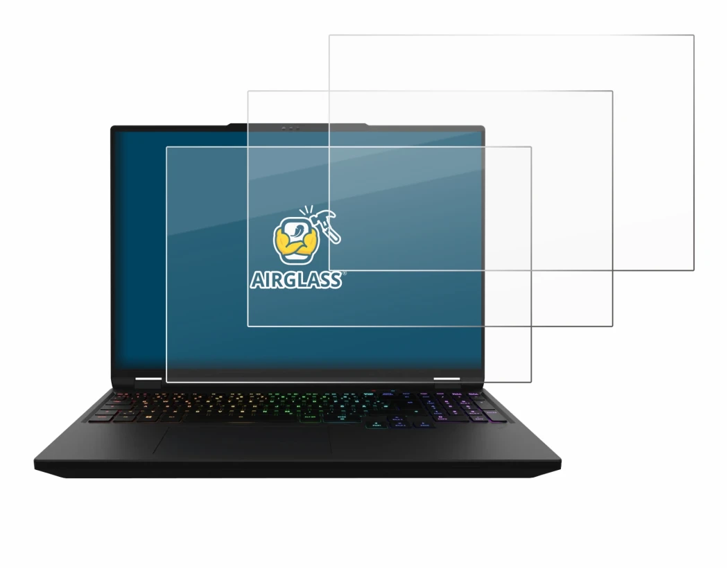 Immagine del dispositivo XMG Apex 16 Max con un'ampia varietà di protezioni per lo schermo.