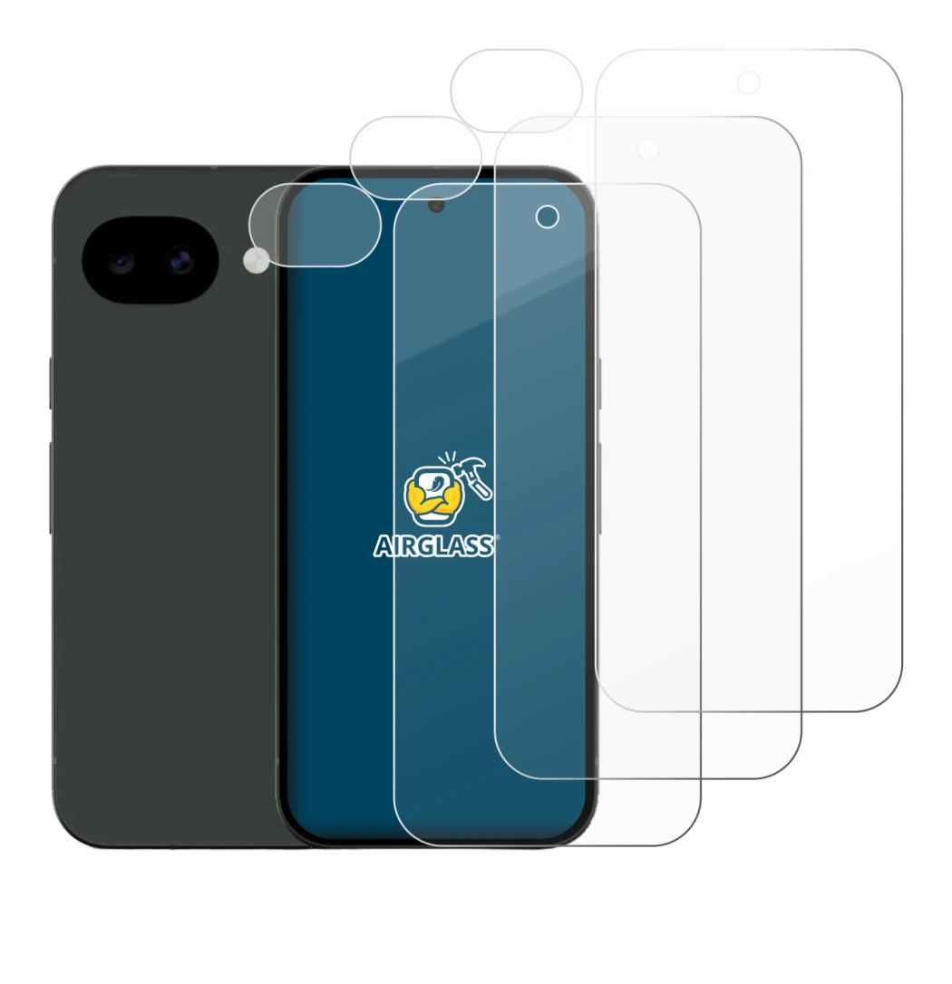 Immagine del dispositivo Google Pixel 10a (Fronte+Fotocamera) con un'ampia varietà di protezioni per lo schermo.