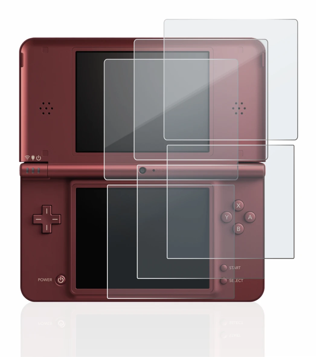 Immagine del dispositivo Nintendo DSi XL con un'ampia varietà di protezioni per lo schermo.