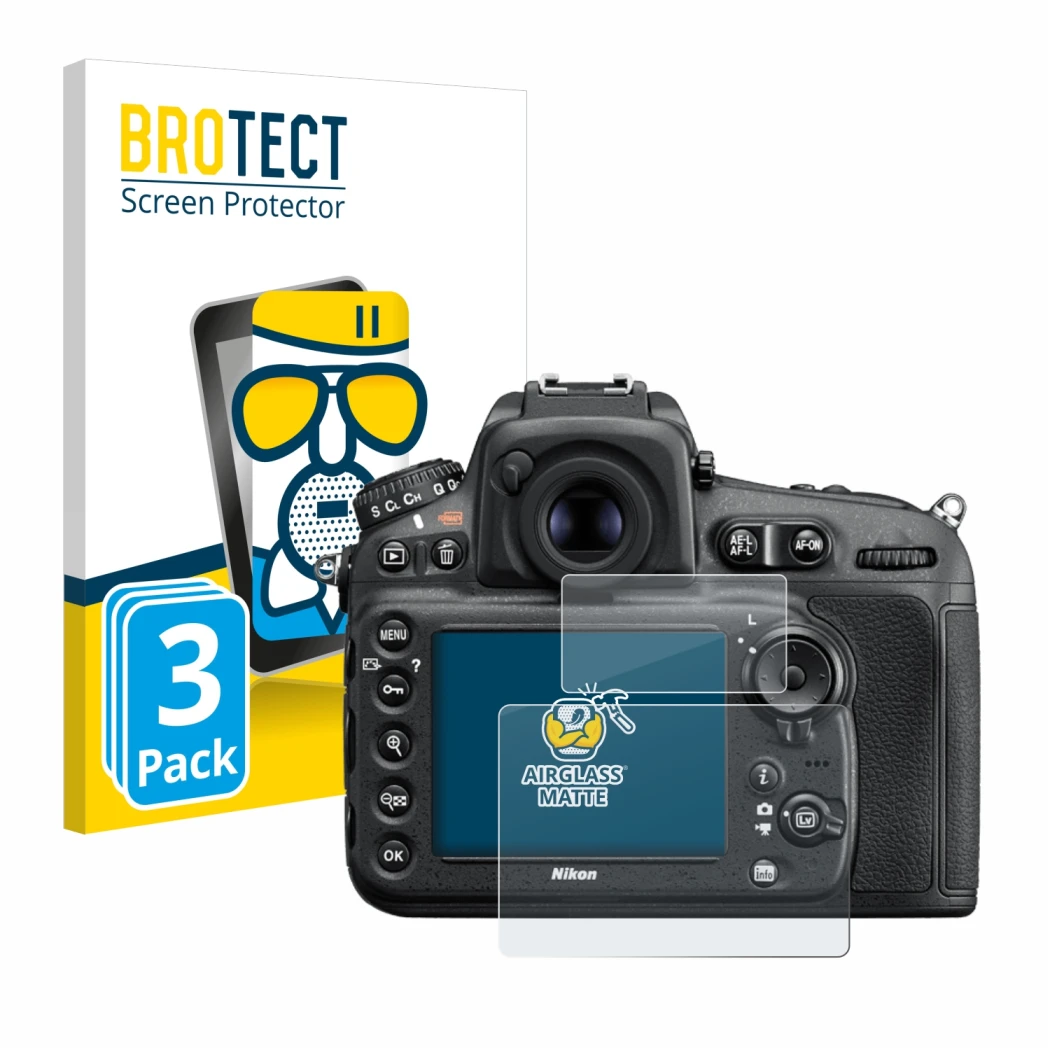 Parte frontale di una confezione del prodotto con il logo del marchio BROTECT. Accanto è raffigurato il dispositivo Nikon D810