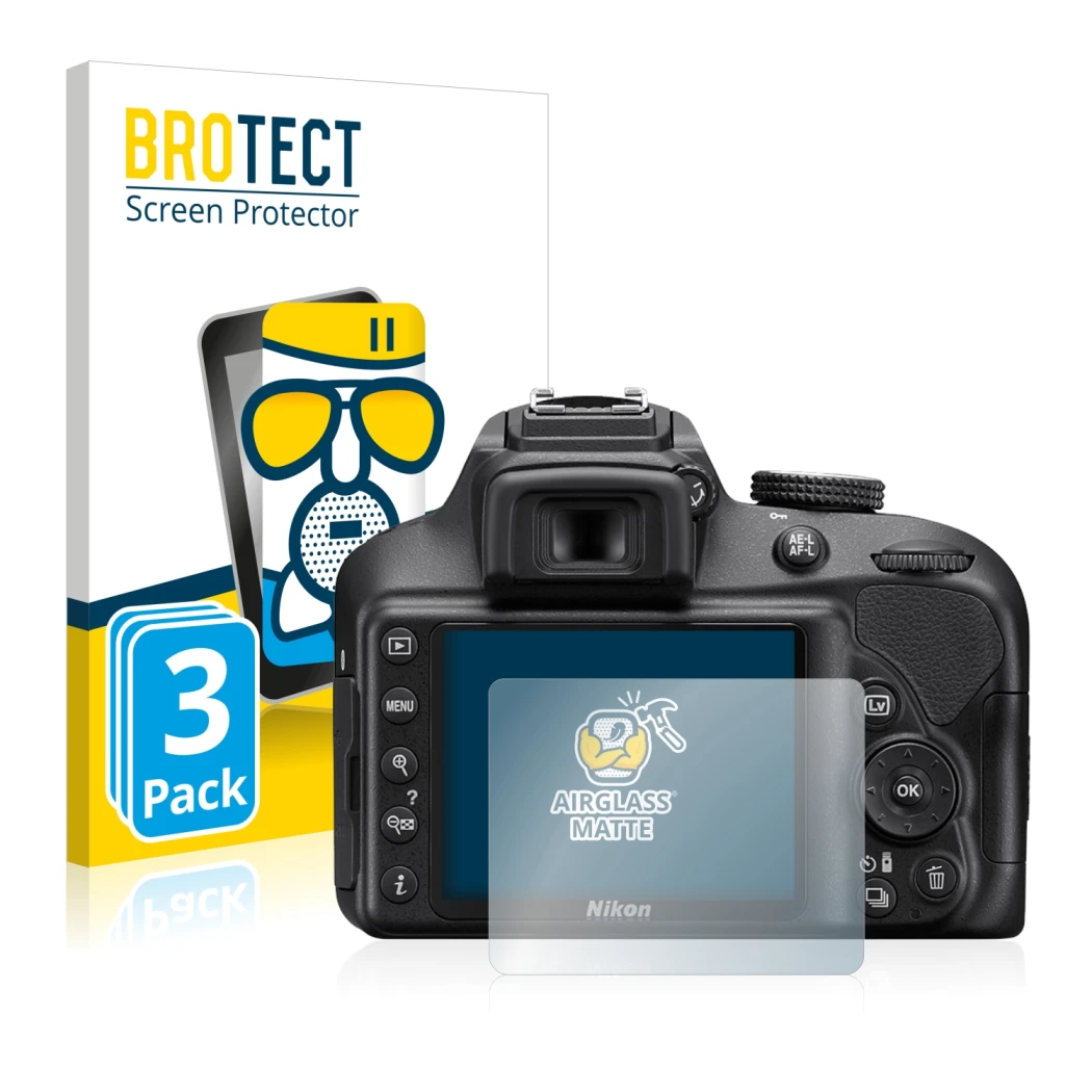 Parte frontale di una confezione del prodotto con il logo del marchio BROTECT. Accanto è raffigurato il dispositivo Nikon D340