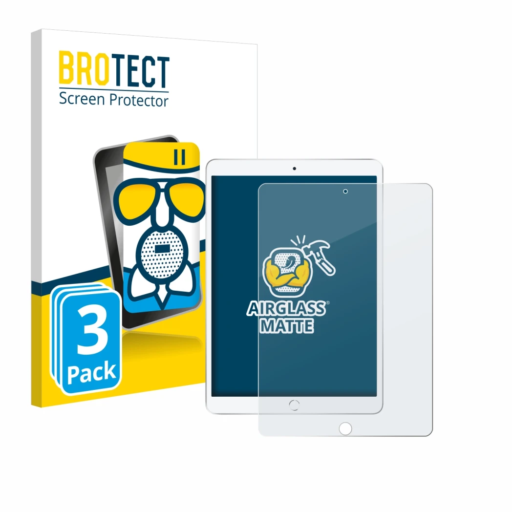 Parte frontale di una confezione del prodotto con il logo del marchio BROTECT. Accanto è raffigurato il dispositivo Apple iPad