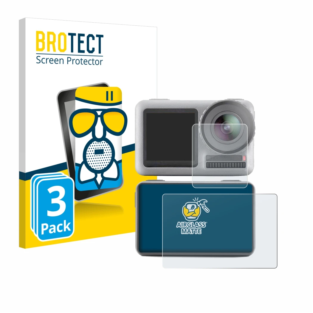 Parte frontale di una confezione del prodotto con il logo del marchio BROTECT. Accanto è raffigurato il dispositivo DJI Osmo A