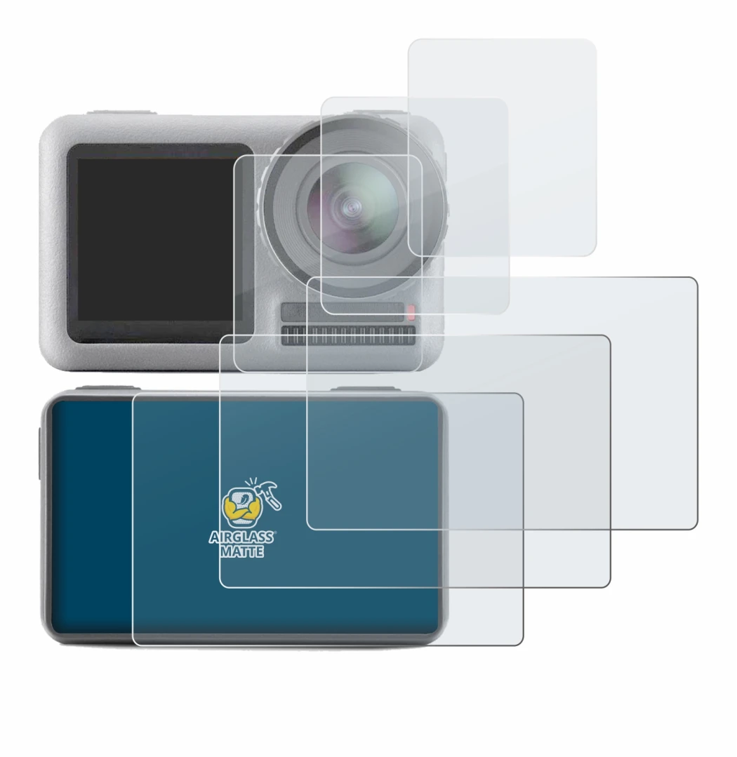 Immagine del dispositivo DJI Osmo Action con un'ampia varietà di protezioni per lo schermo.