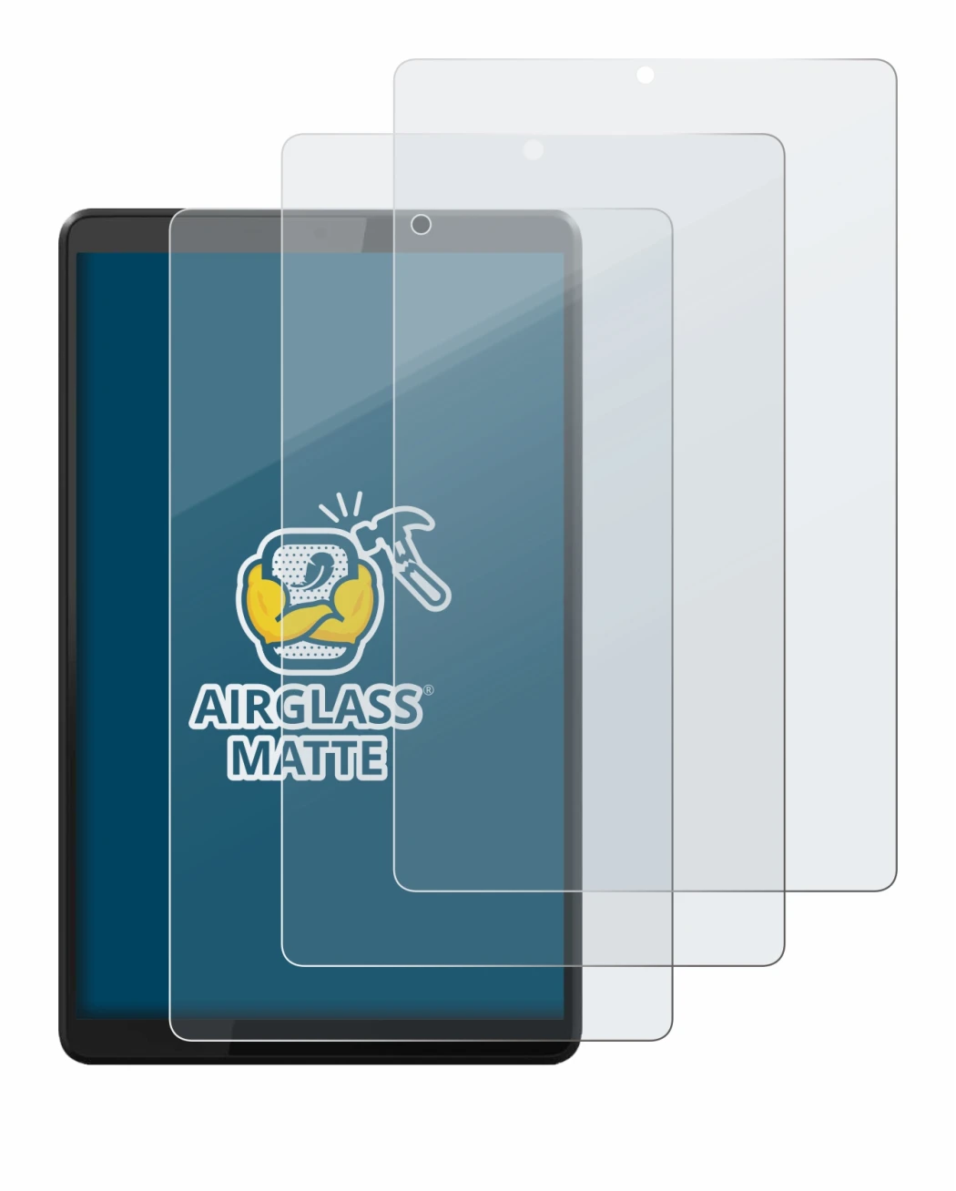 Immagine del dispositivo Lenovo Tab M8 con un'ampia varietà di protezioni per lo schermo.