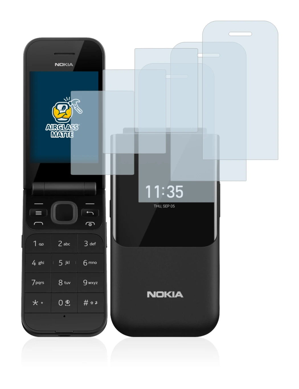 Immagine del dispositivo Nokia 2720 Flip con un'ampia varietà di protezioni per lo schermo.