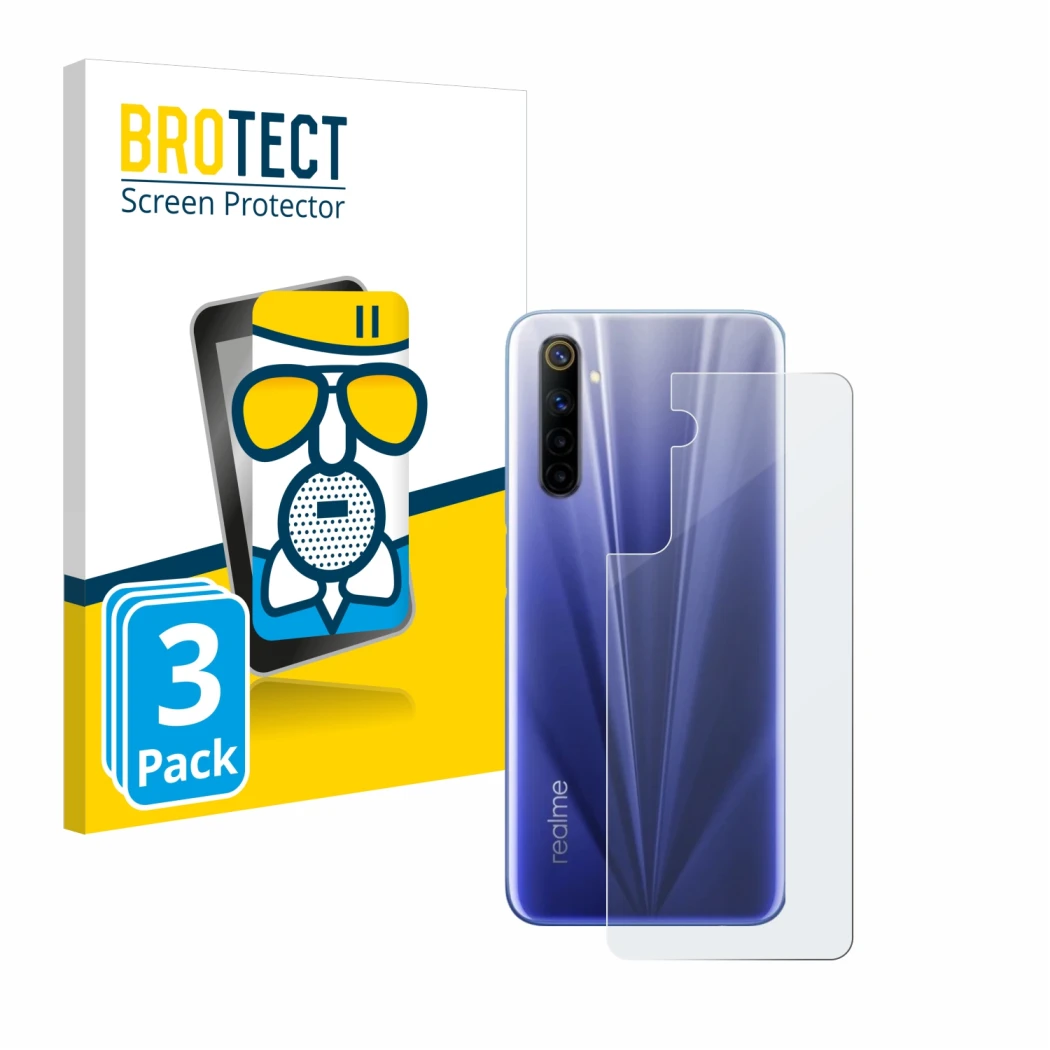 Parte frontale di una confezione del prodotto con il logo del marchio BROTECT. Accanto è raffigurato il dispositivo realme 6 (