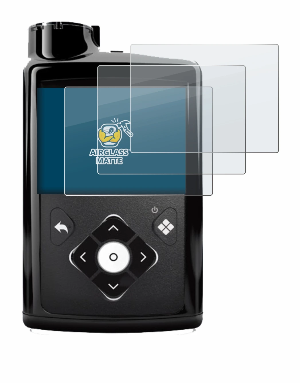 Immagine del dispositivo Medtronic Minimed 780G con un'ampia varietà di protezioni per lo schermo.