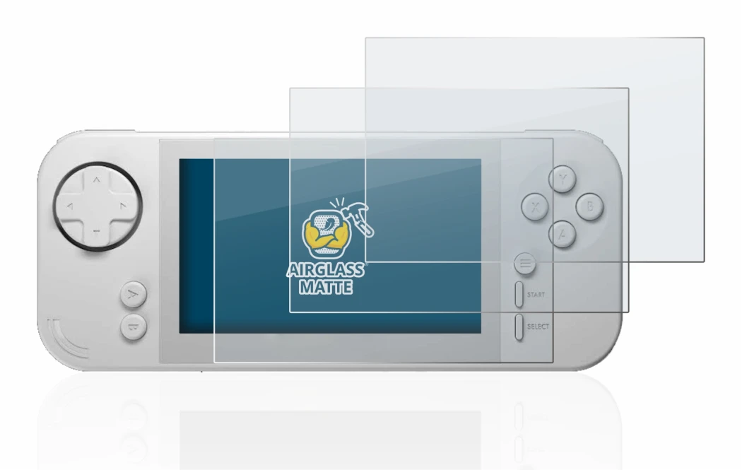 Immagine del dispositivo Evercade EXP con un'ampia varietà di protezioni per lo schermo.