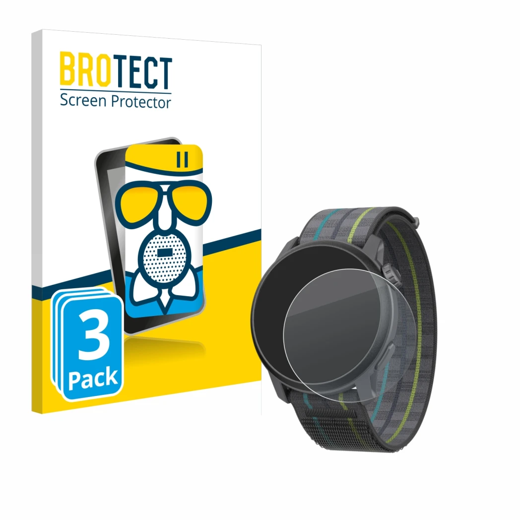 Parte frontale di una confezione del prodotto con il logo del marchio BROTECT. Accanto è raffigurato il dispositivo Coros Pace