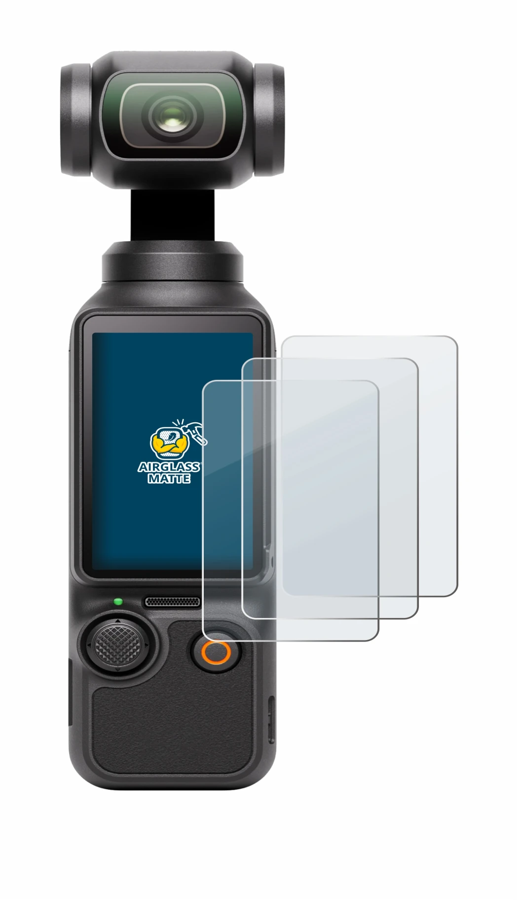 Immagine del dispositivo DJI Osmo Pocket 3 con un'ampia varietà di protezioni per lo schermo.