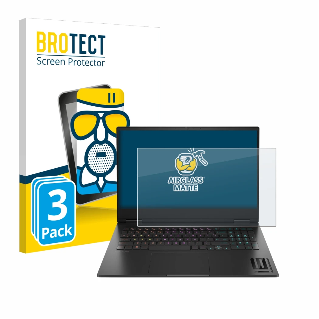 Parte frontale di una confezione del prodotto con il logo del marchio BROTECT. Accanto è raffigurato il dispositivo HP Omen 16