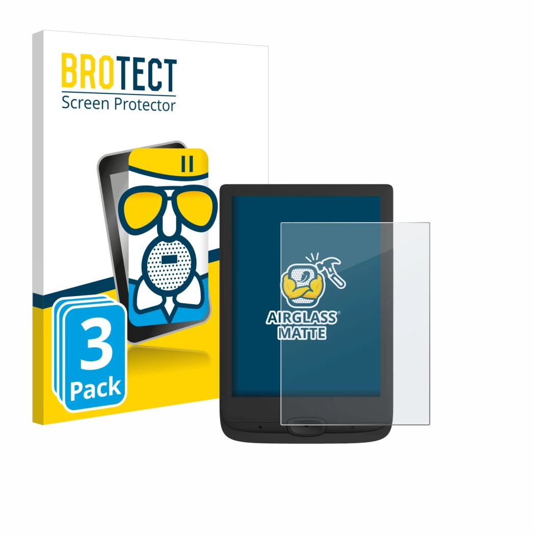 Parte frontale di una confezione del prodotto con il logo del marchio BROTECT. Accanto è raffigurato il dispositivo PocketBook