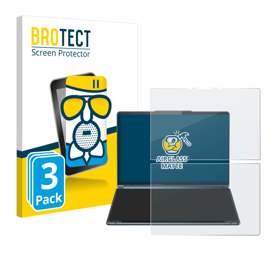 Parte frontale di una confezione del prodotto con il logo del marchio BROTECT. Accanto è raffigurato il dispositivo Lenovo Yog