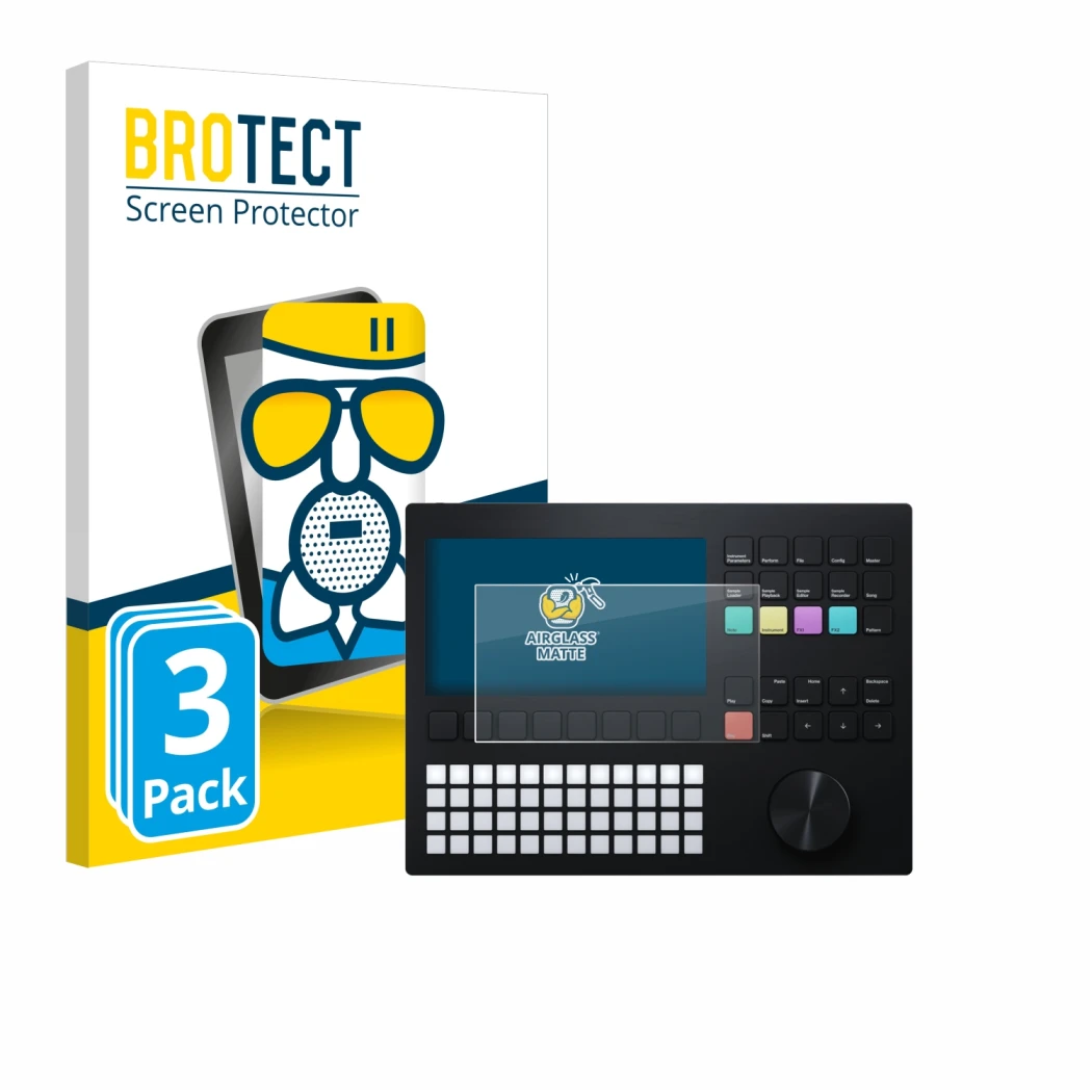 Parte frontale di una confezione del prodotto con il logo del marchio BROTECT. Accanto è raffigurato il dispositivo Polyend Tr