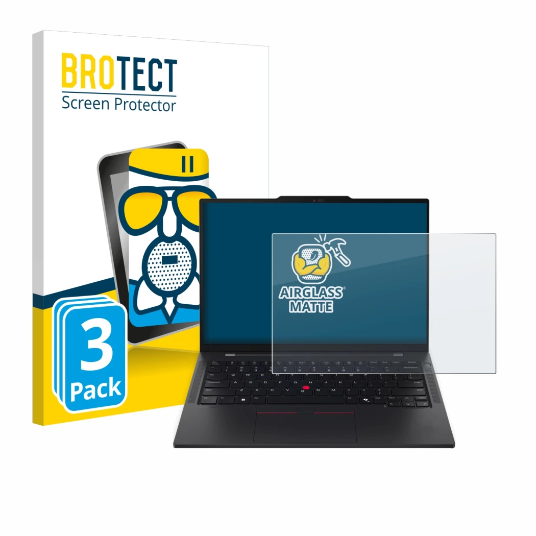 Parte frontale di una confezione del prodotto con il logo del marchio BROTECT. Accanto è raffigurato il dispositivo Lenovo Thi