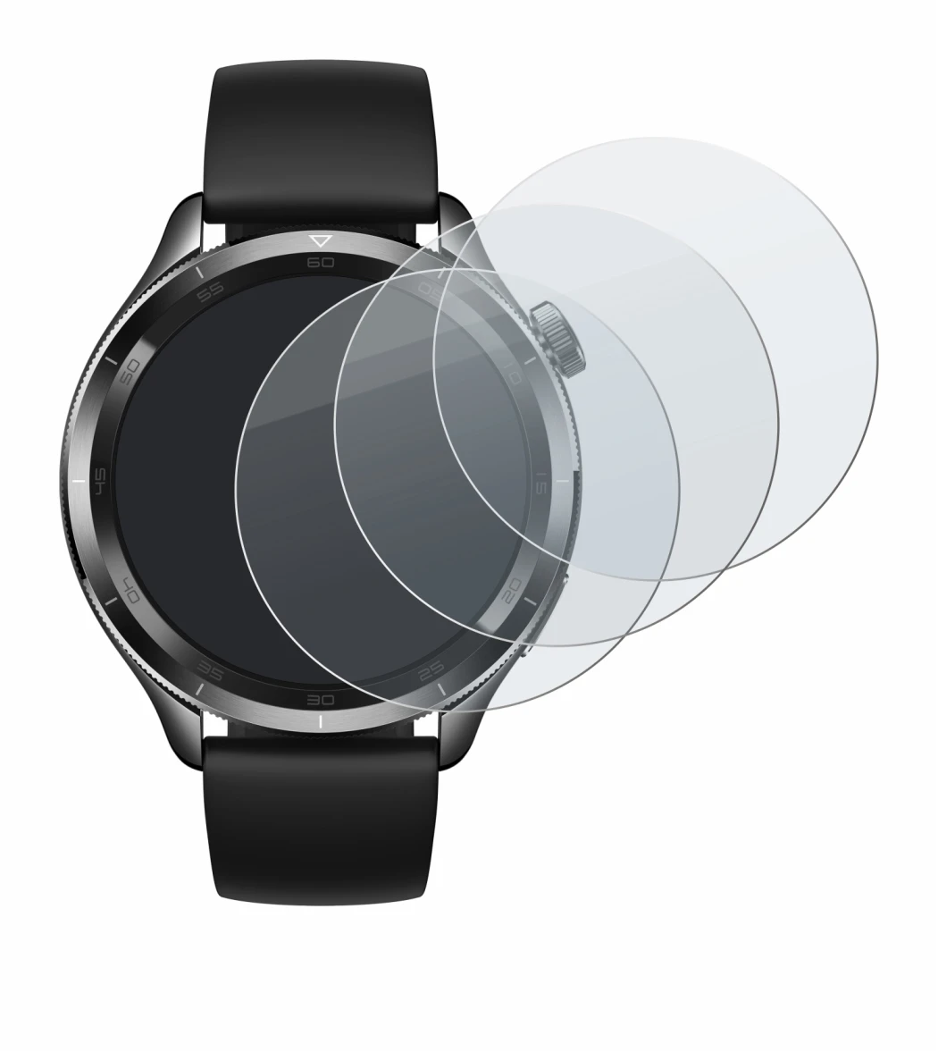 Immagine del dispositivo Xiaomi Watch S4 (47 mm) con un'ampia varietà di protezioni per lo schermo.