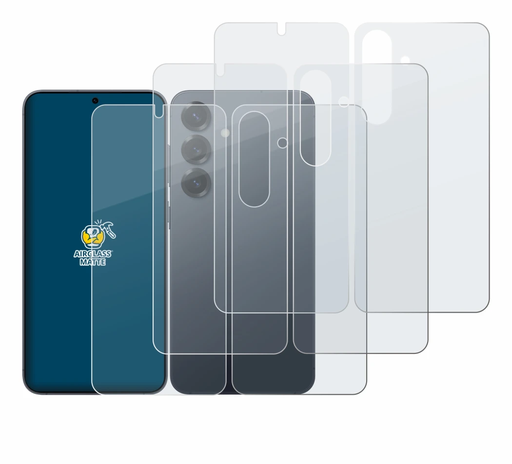 Immagine del dispositivo Samsung Galaxy S25 (Fronte+Retro) con un'ampia varietà di protezioni per lo schermo.