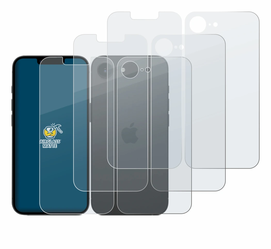 Immagine del dispositivo Apple iPhone 16e (Fronte+Retro) con un'ampia varietà di protezioni per lo schermo.