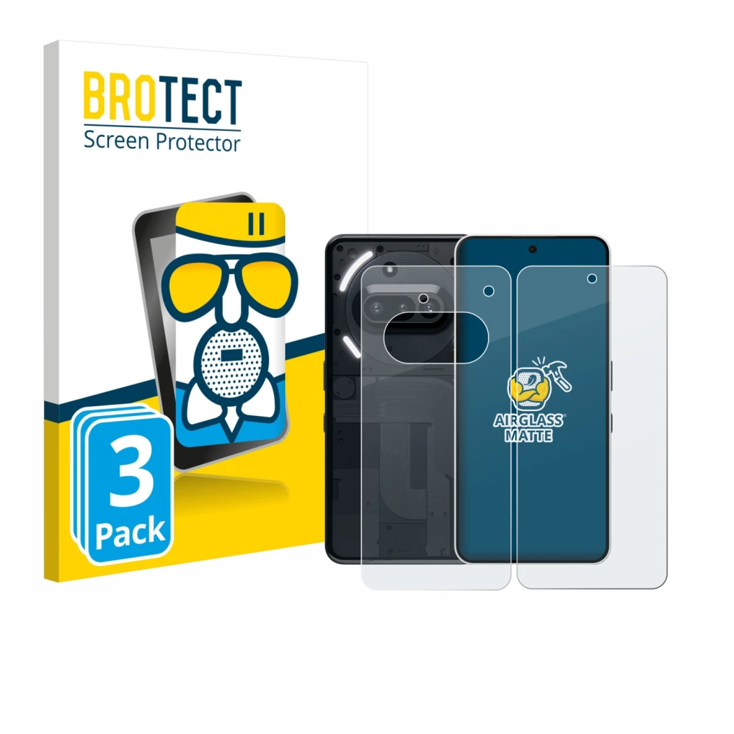 Parte frontale di una confezione del prodotto con il logo del marchio BROTECT. Accanto è raffigurato il dispositivo Nothing Ph