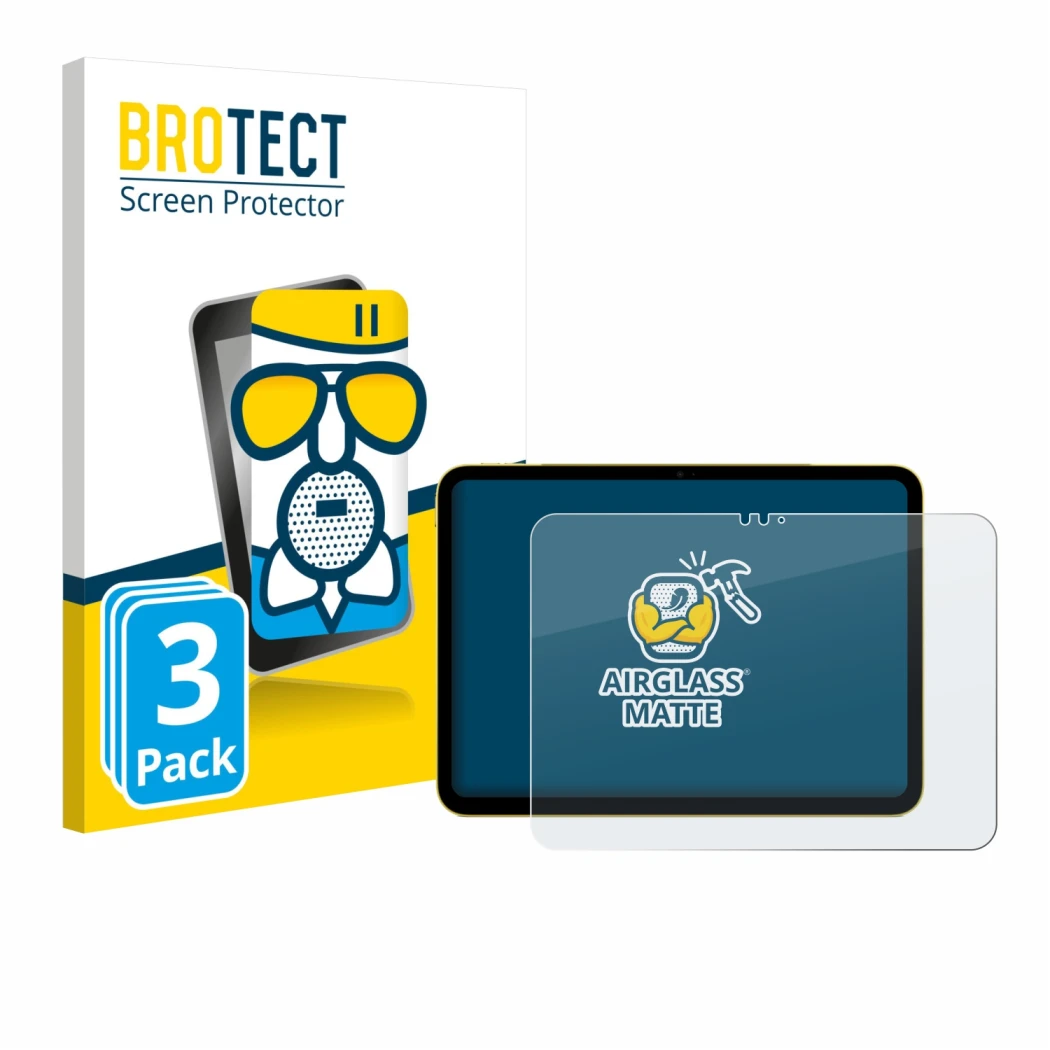 Parte frontale di una confezione del prodotto con il logo del marchio BROTECT. Accanto è raffigurato il dispositivo Apple iPad