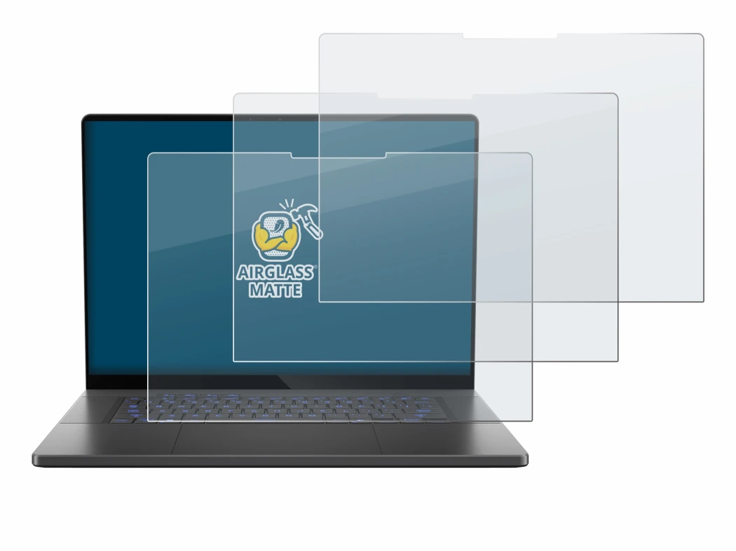 Immagine del dispositivo ASUS ROG Zephyrus G16 2025 con un'ampia varietà di protezioni per lo schermo.