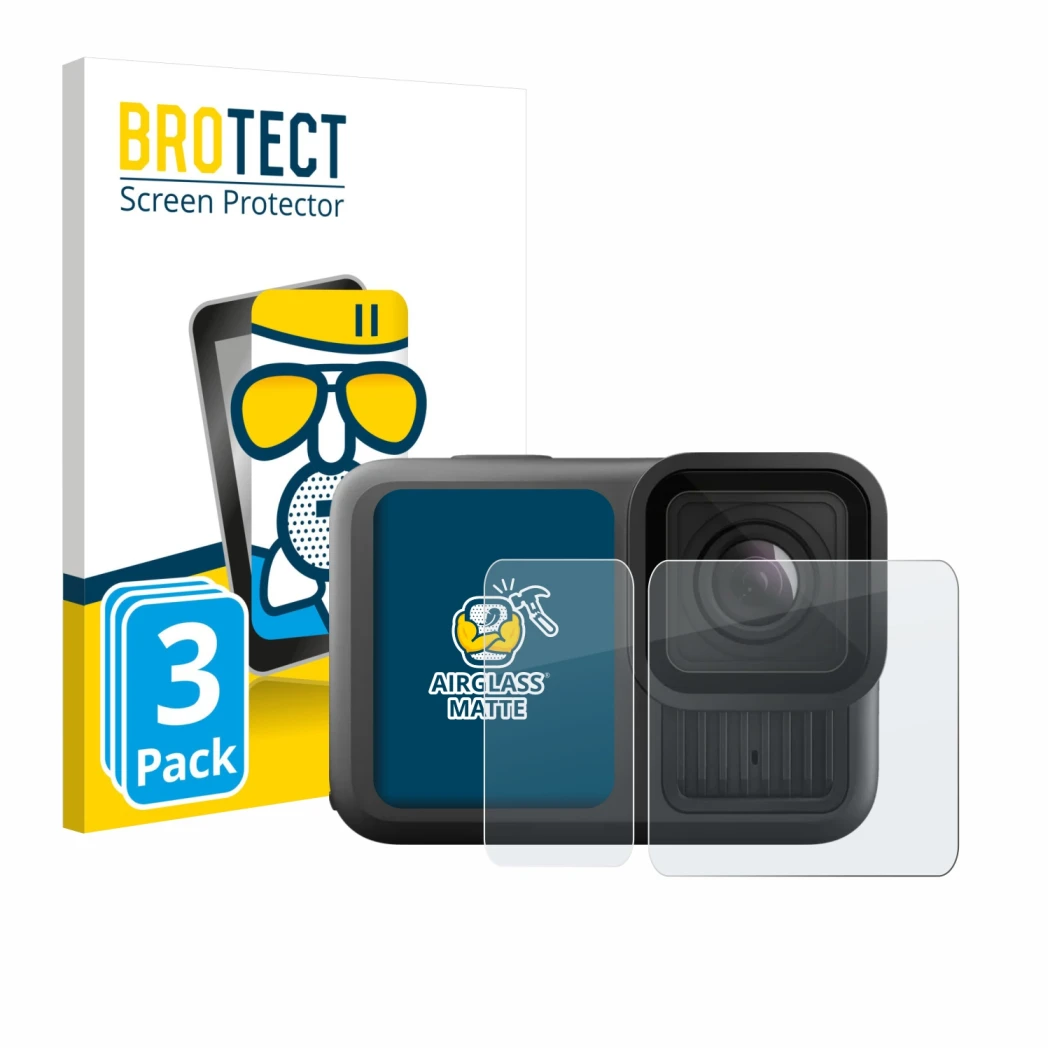 Parte frontale di una confezione del prodotto con il logo del marchio BROTECT. Accanto è raffigurato il dispositivo GoPro Hero