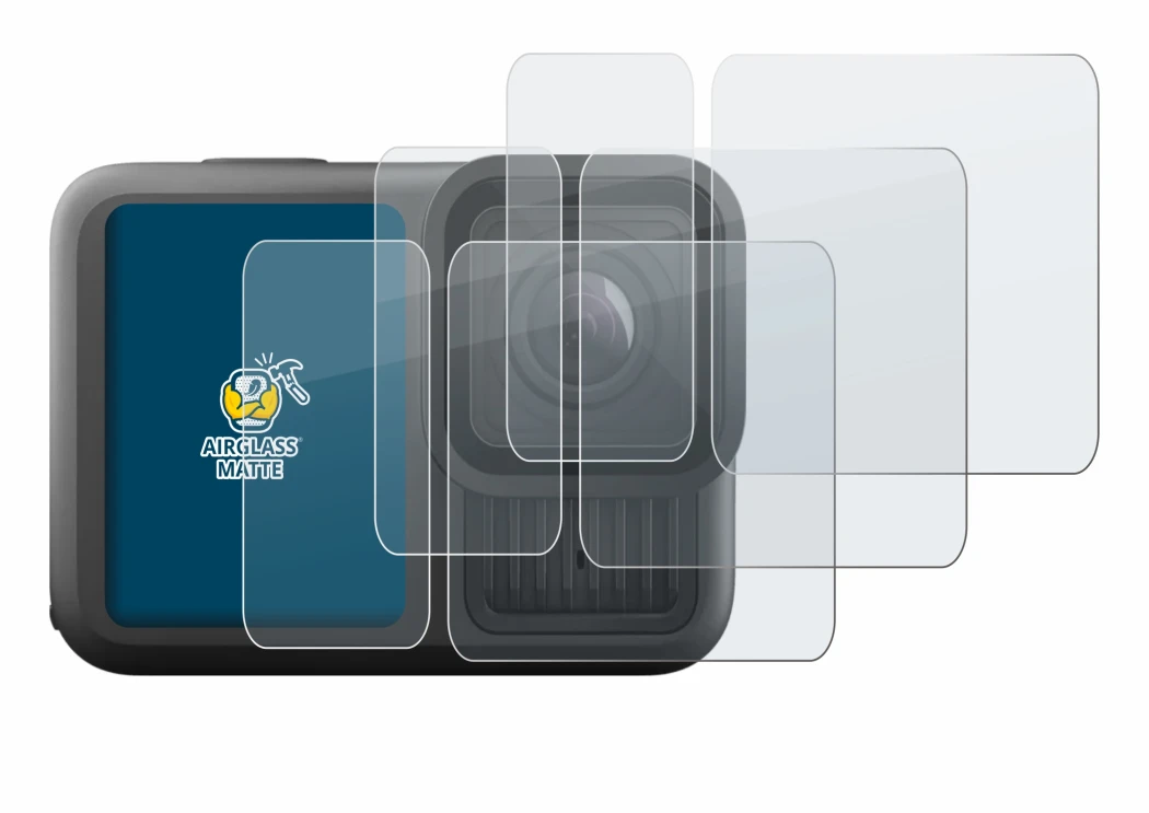 Immagine del dispositivo GoPro Hero 13 Black Ultra Wide Edition con un'ampia varietà di protezioni per lo schermo.