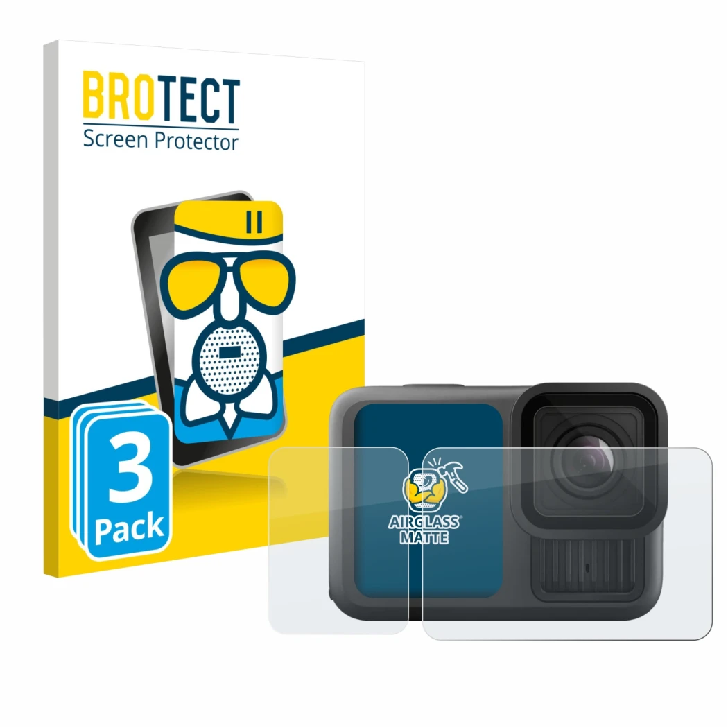 Parte frontale di una confezione del prodotto con il logo del marchio BROTECT. Accanto è raffigurato il dispositivo GoPro Hero