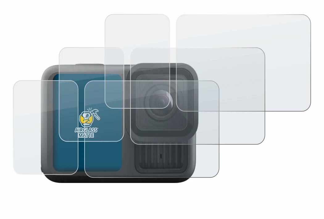 Immagine del dispositivo GoPro Hero 13 Black Creator Edition con un'ampia varietà di protezioni per lo schermo.