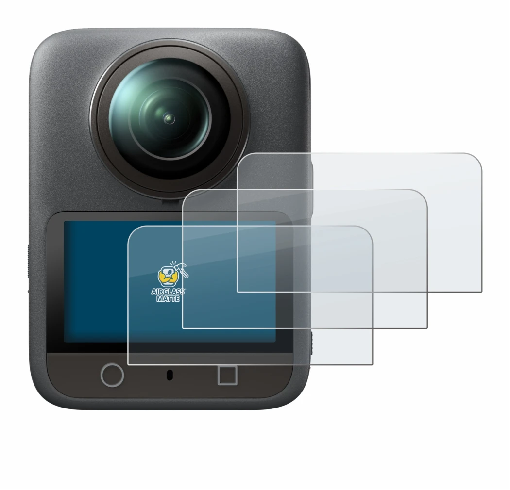 Immagine del dispositivo DJI Osmo 360 con un'ampia varietà di protezioni per lo schermo.