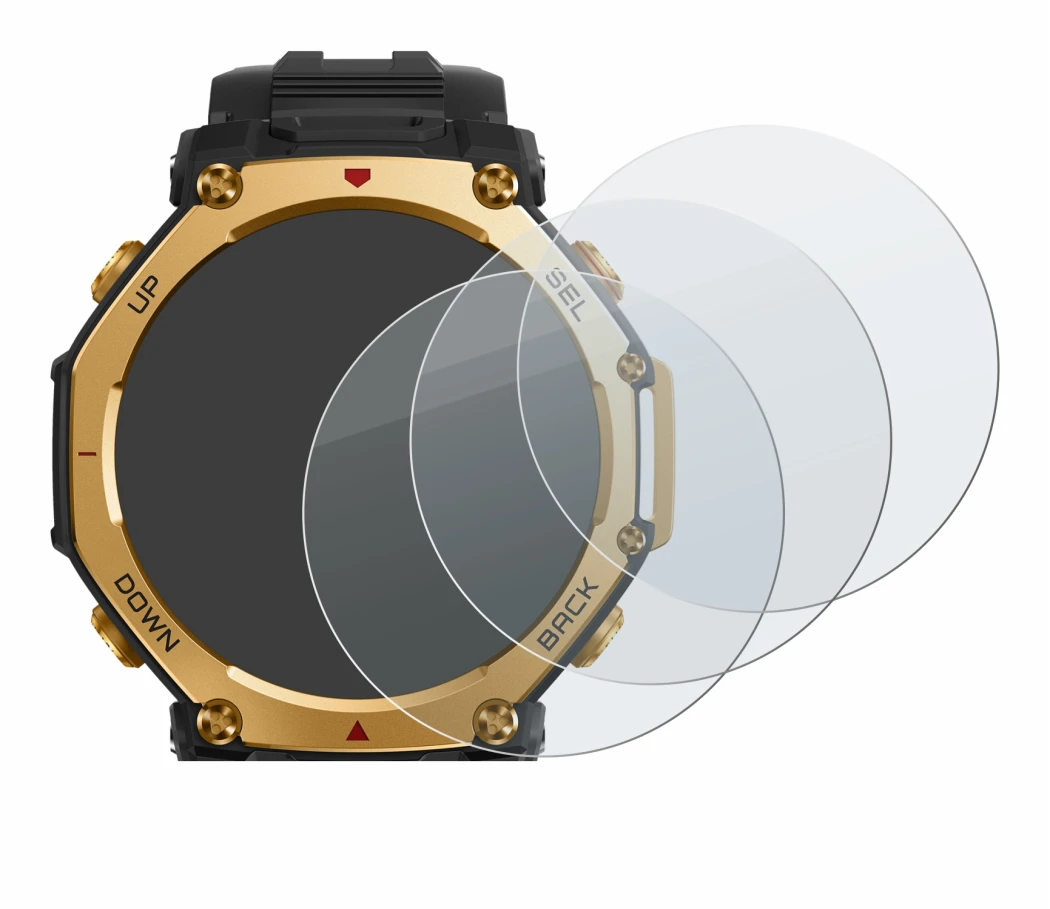 Immagine del dispositivo Huami Amazfit T-Rex 3 Pro (48 mm) con un'ampia varietà di protezioni per lo schermo.