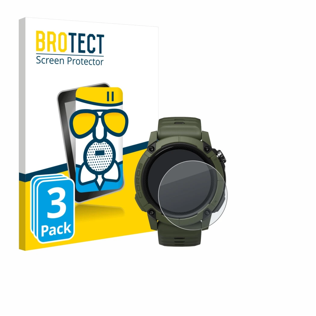 Parte frontale di una confezione del prodotto con il logo del marchio BROTECT. Accanto è raffigurato il dispositivo Coros NOMA