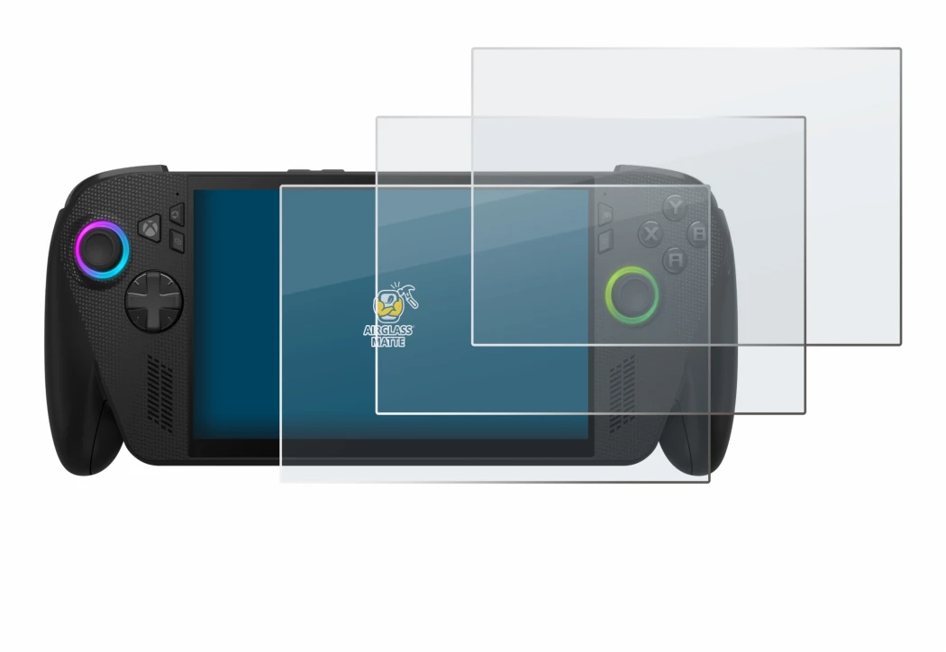 Immagine del dispositivo ASUS ROG Ally X 2025 con un'ampia varietà di protezioni per lo schermo.