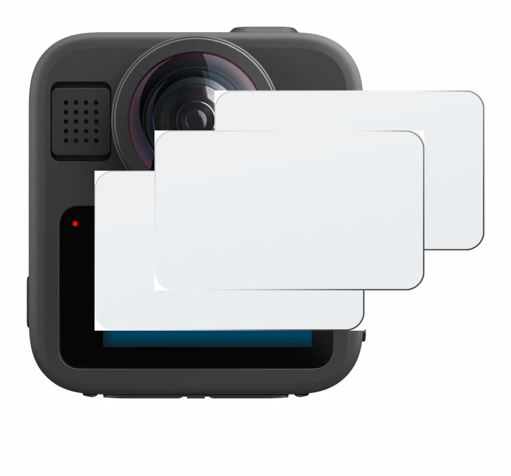 Immagine del dispositivo GoPro Max 2 con un'ampia varietà di protezioni per lo schermo.