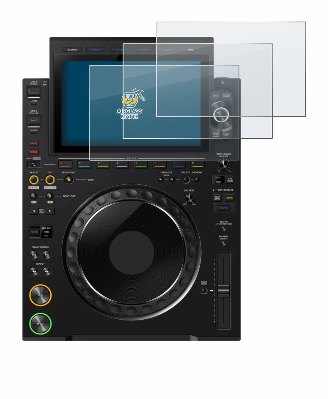Immagine del dispositivo Pioneer CDJ 3000X con un'ampia varietà di protezioni per lo schermo.