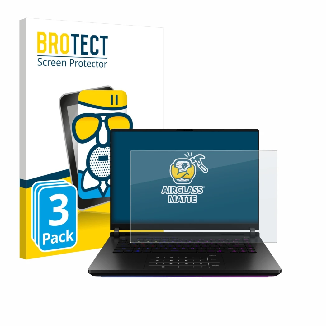 Parte frontale di una confezione del prodotto con il logo del marchio BROTECT. Accanto è raffigurato il dispositivo ASUS ROG S