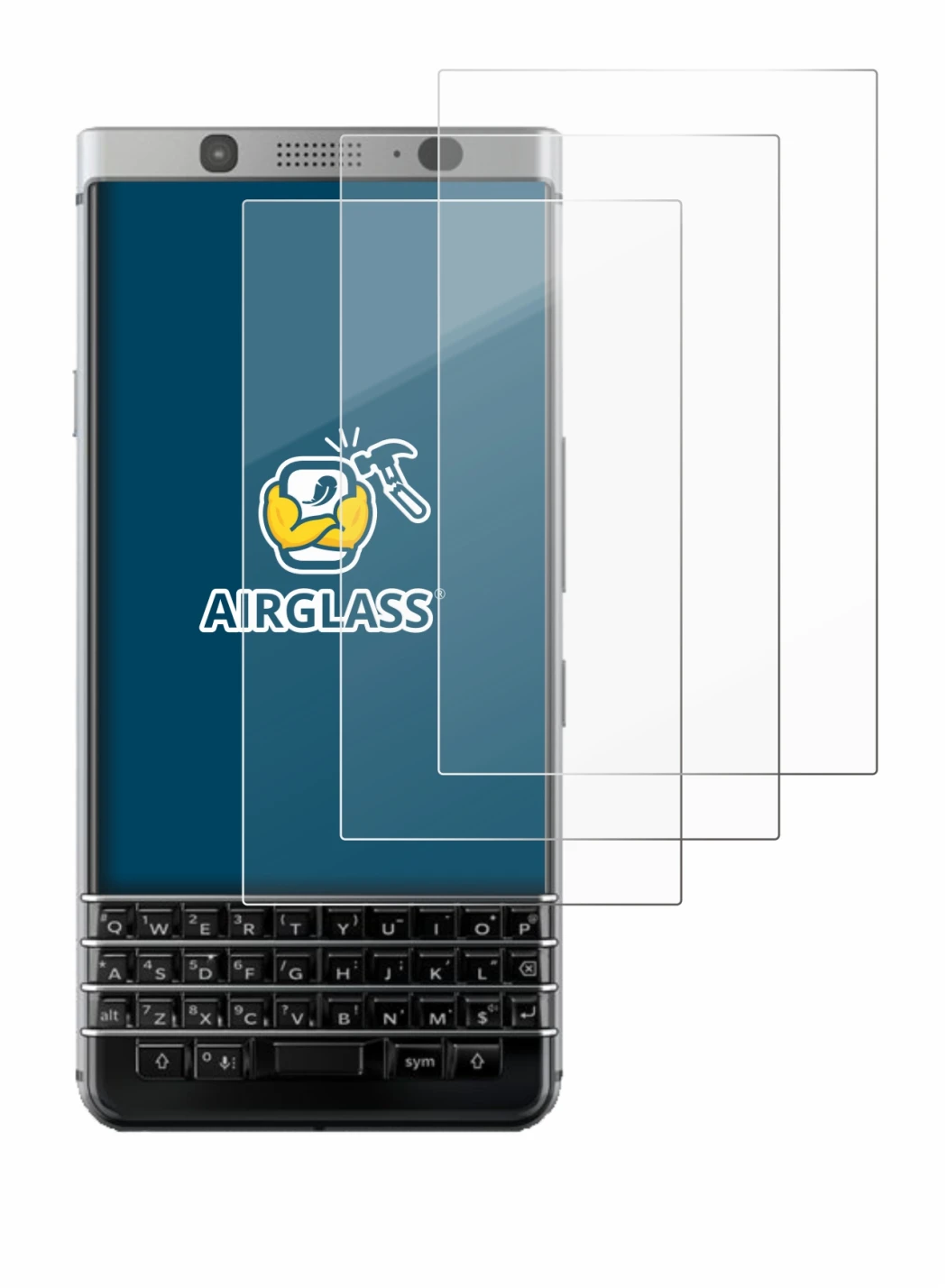 Immagine del dispositivo BlackBerry Keyone con un'ampia varietà di protezioni per lo schermo.
