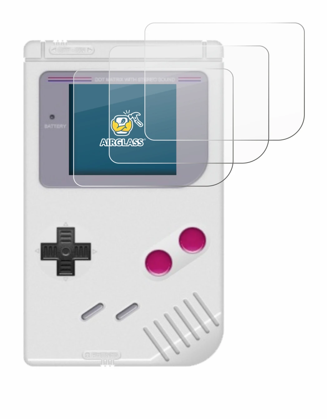Immagine del dispositivo Nintendo Gameboy (1989) con un'ampia varietà di protezioni per lo schermo.