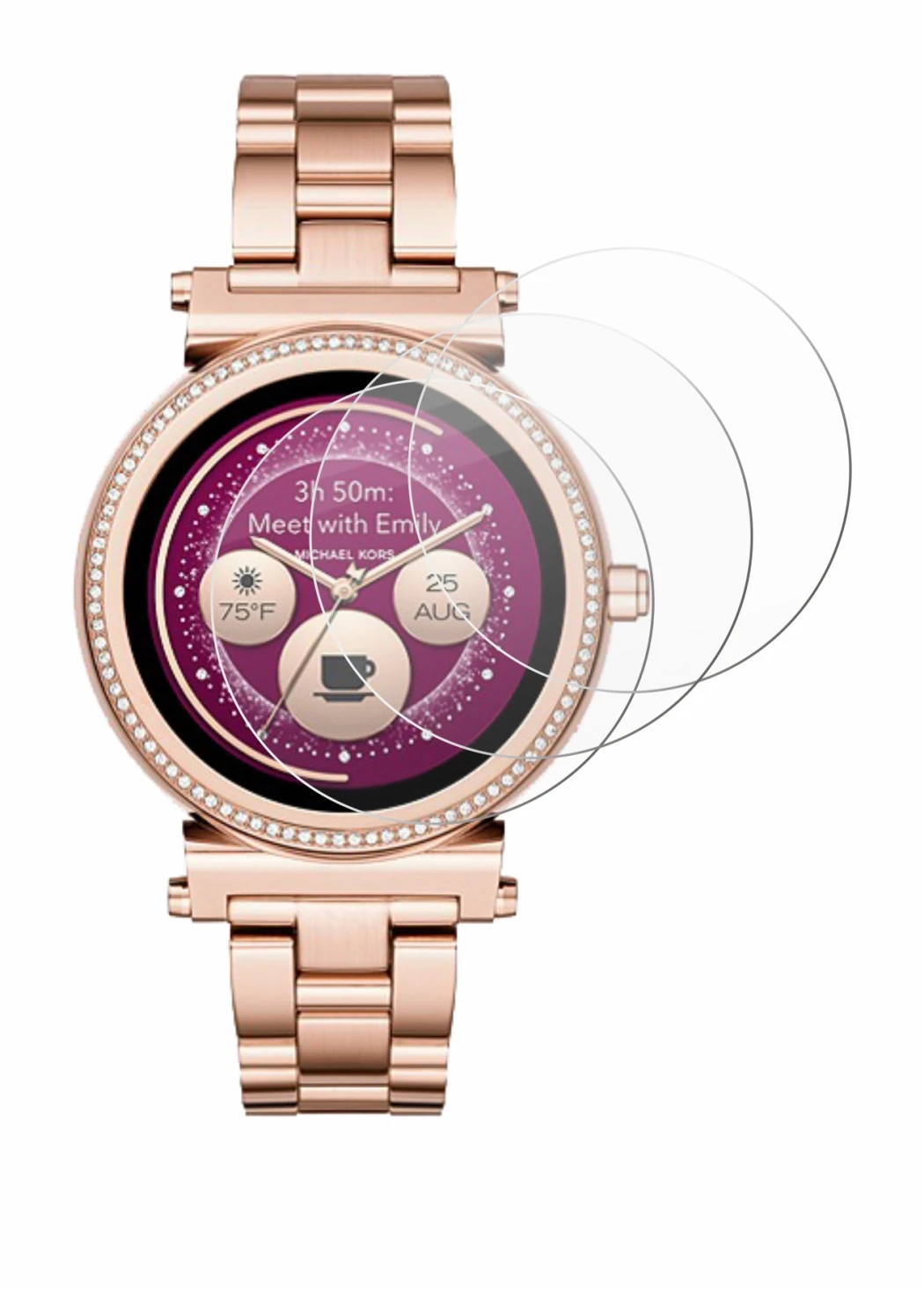 Immagine del dispositivo Michael Kors Access Sofie con un'ampia varietà di protezioni per lo schermo.
