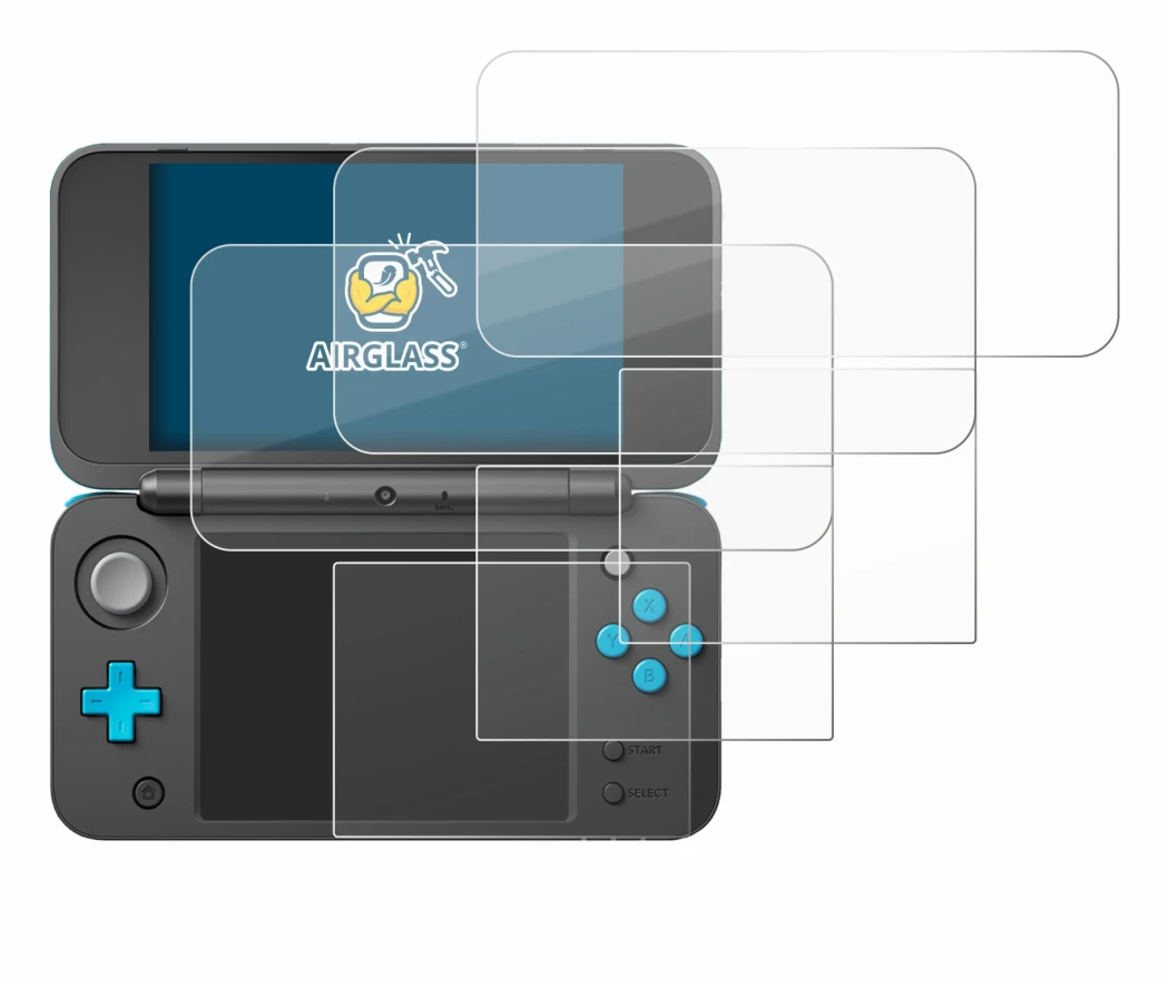 Immagine del dispositivo New Nintendo 2DS XL con un'ampia varietà di protezioni per lo schermo.