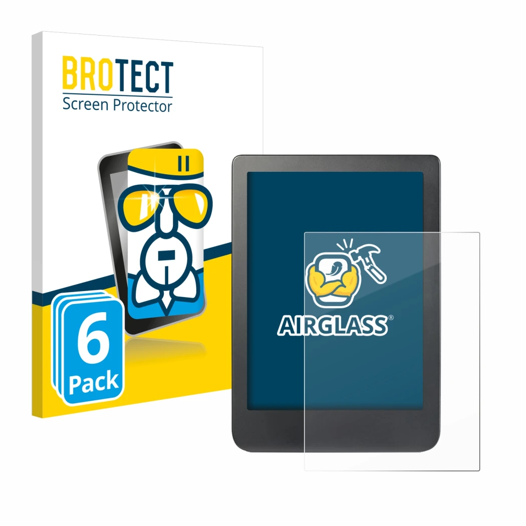 Parte frontale di una confezione del prodotto con il logo del marchio BROTECT. Accanto è raffigurato il dispositivo Kobo Clara