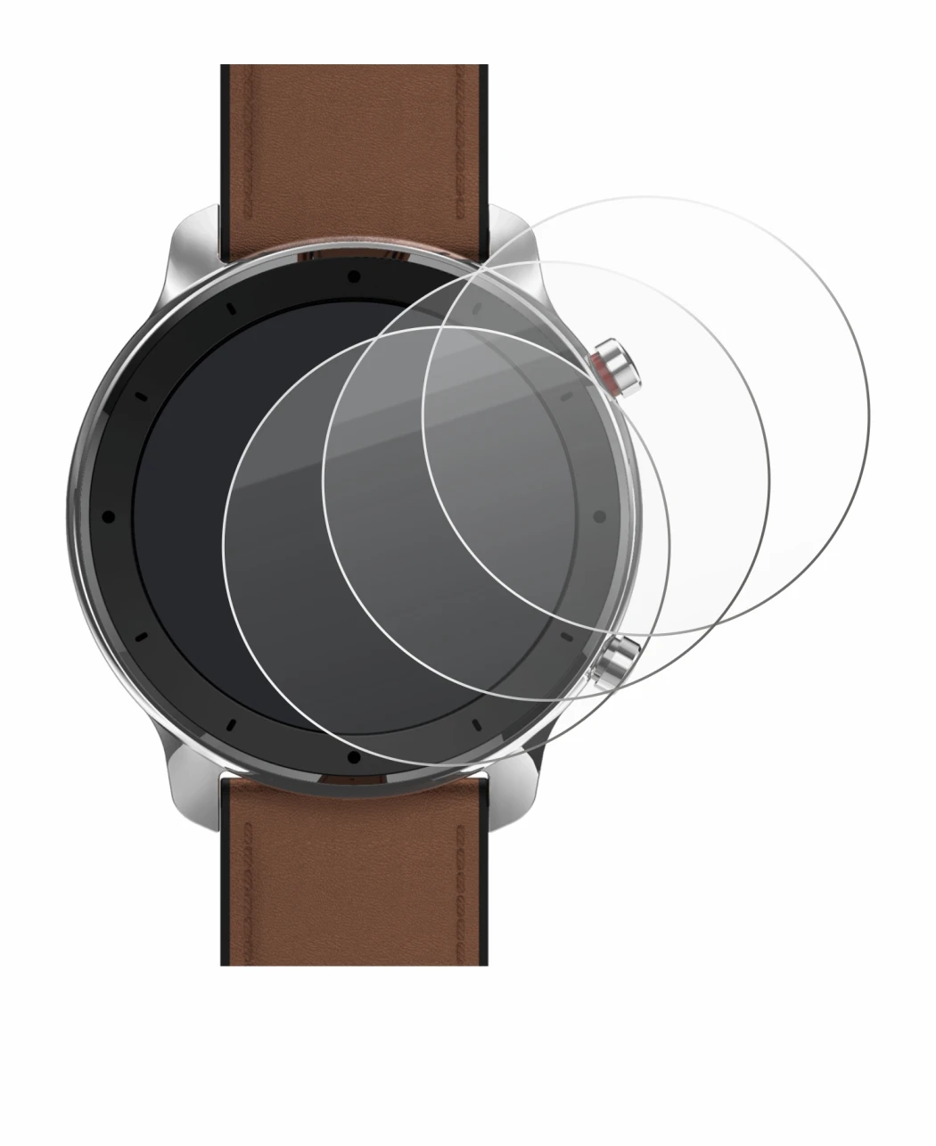 Immagine del dispositivo Huami Amazfit GTR (47 mm) con un'ampia varietà di protezioni per lo schermo.