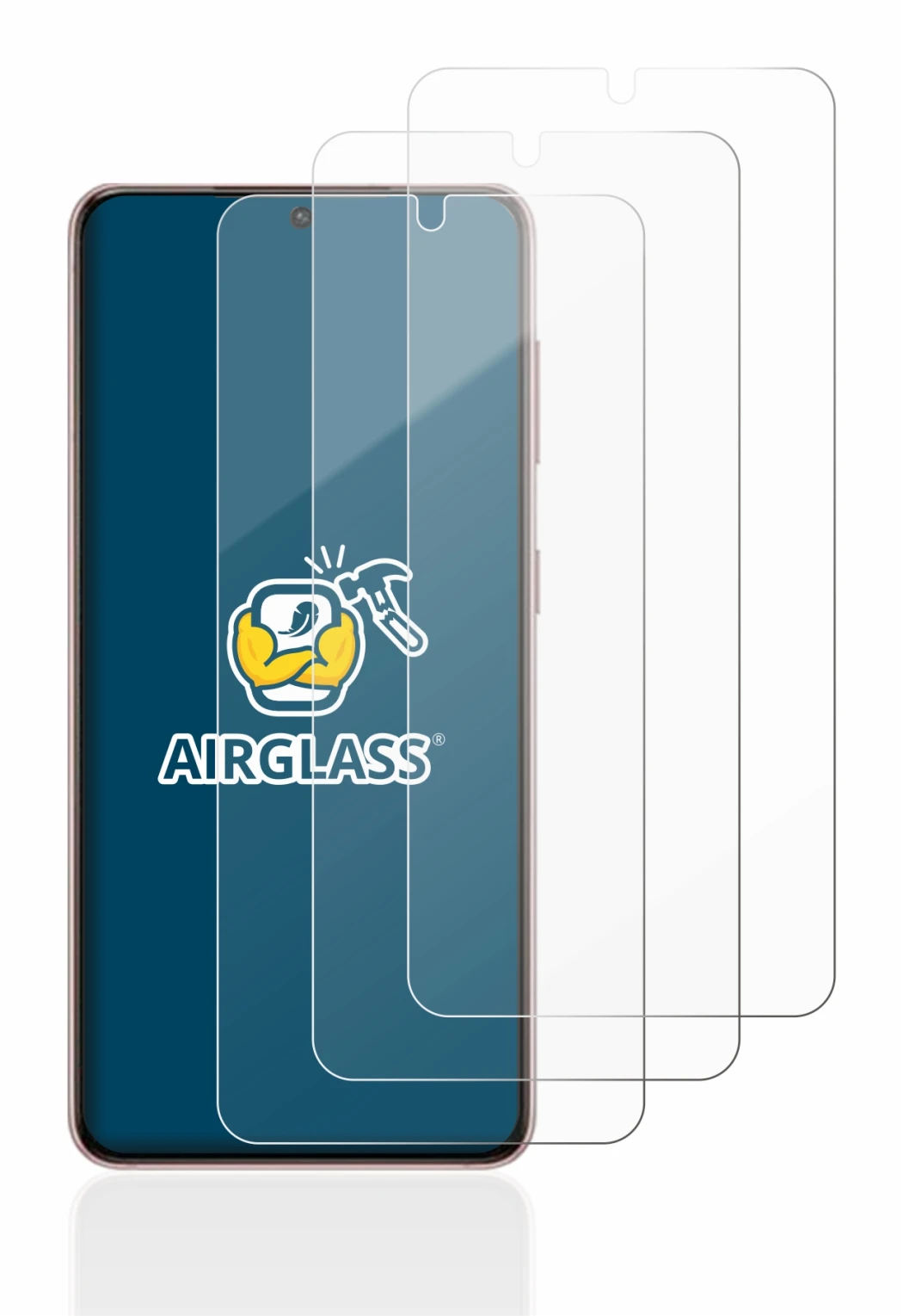 Immagine del dispositivo Samsung Galaxy S21 5G con un'ampia varietà di protezioni per lo schermo.