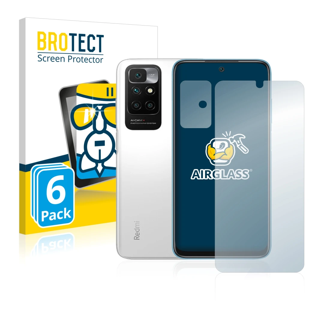 Parte frontale di una confezione del prodotto con il logo del marchio BROTECT. Accanto è raffigurato il dispositivo Xiaomi Red