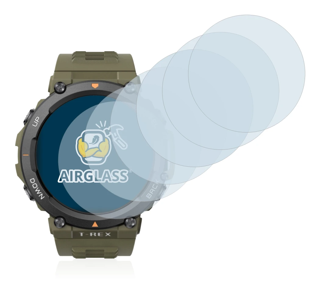 Immagine del dispositivo Huami Amazfit T-Rex 2 con un'ampia varietà di protezioni per lo schermo.