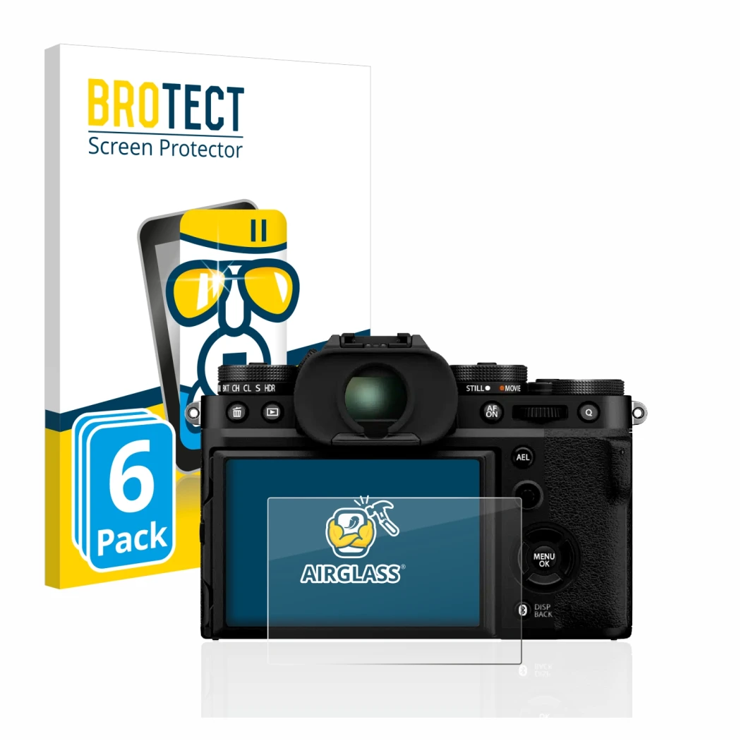 Parte frontale di una confezione del prodotto con il logo del marchio BROTECT. Accanto è raffigurato il dispositivo Fujifilm X
