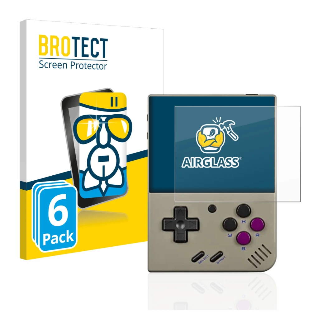 Parte frontale di una confezione del prodotto con il logo del marchio BROTECT. Accanto è raffigurato il dispositivo Miyoo Mini