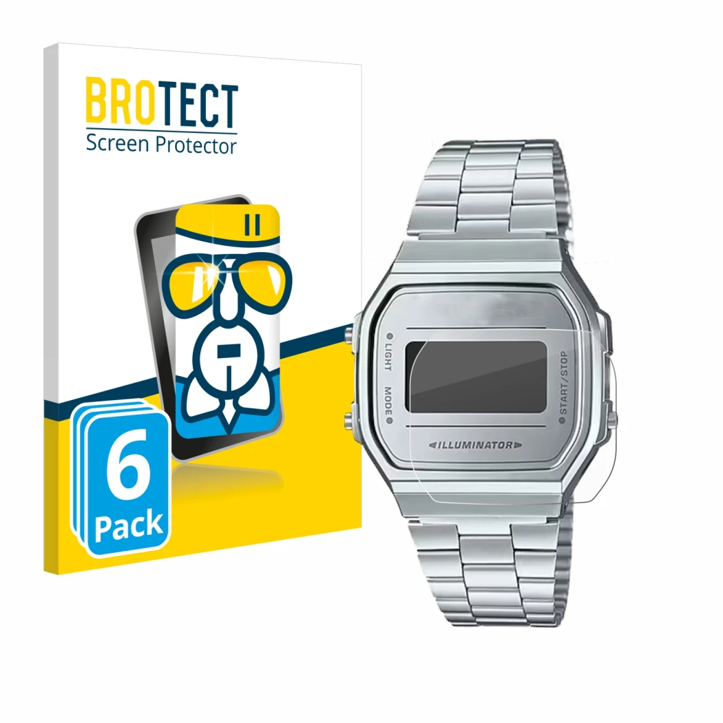 Parte frontale di una confezione del prodotto con il logo del marchio BROTECT. Accanto è raffigurato il dispositivo Casio A168